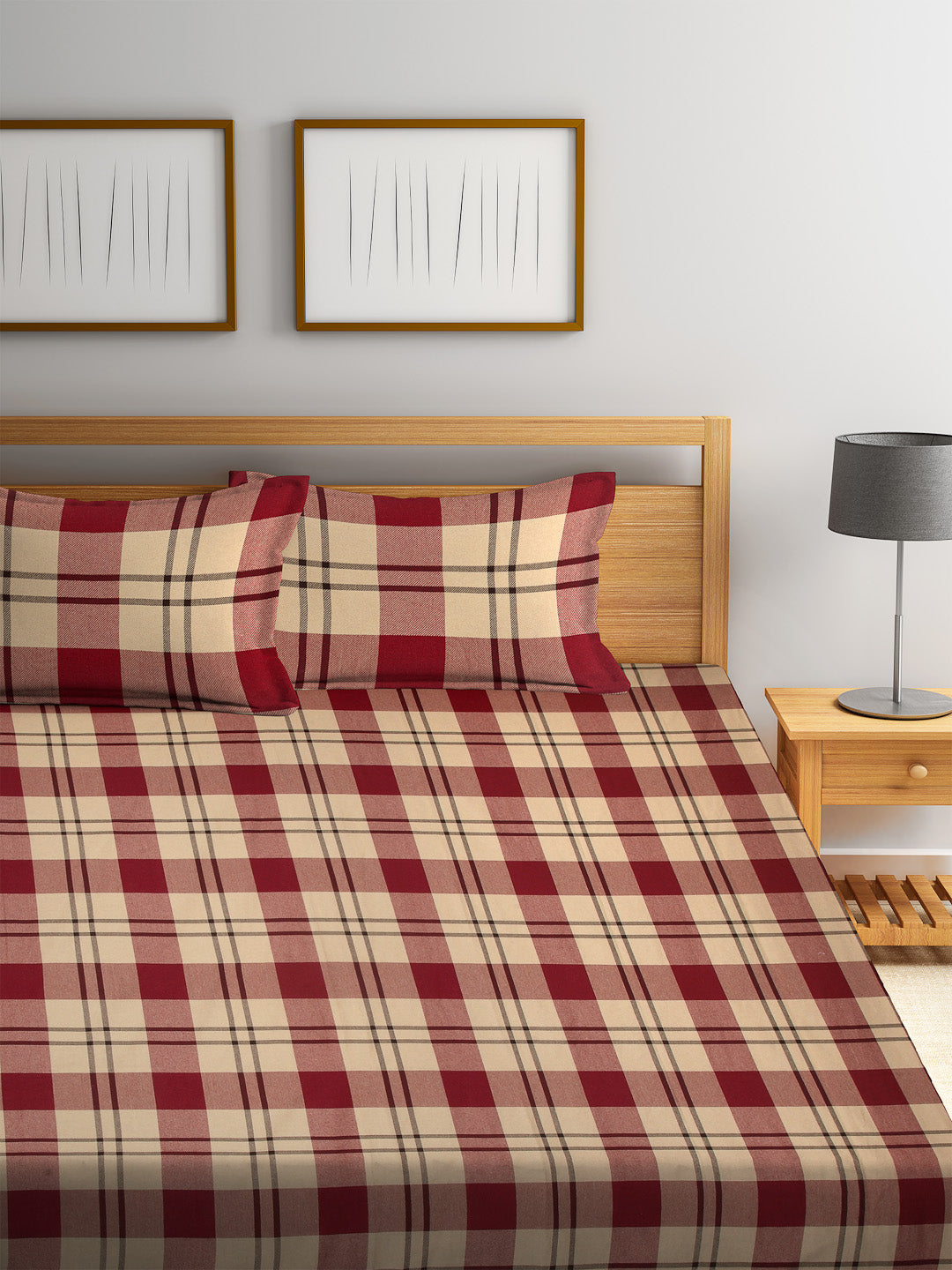 Arrabi Red & Cream Check Handwoven Cotton Double King Size Bedsheet with 2 Pillow Covers (270 x 270 cm)