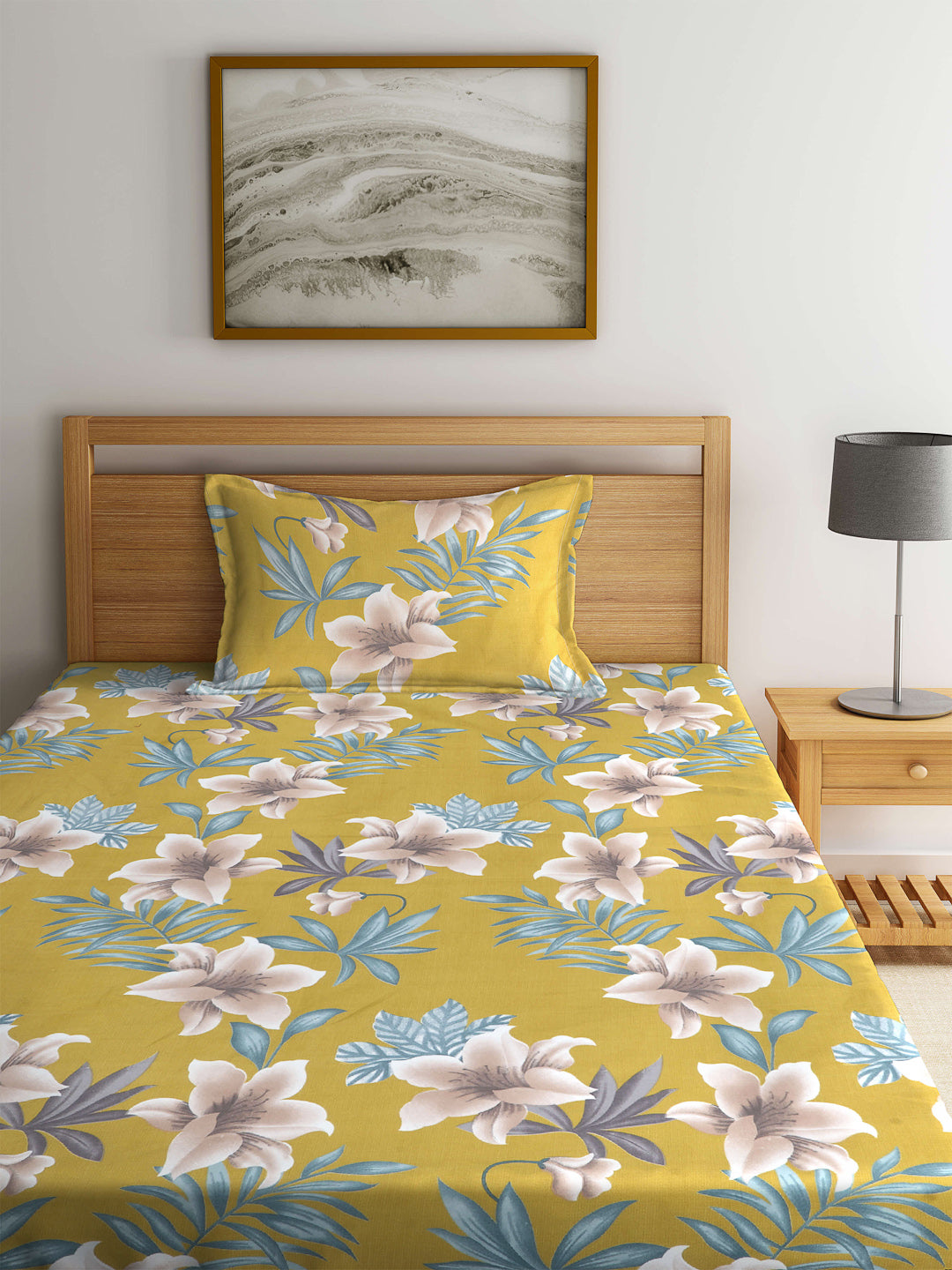 Arrabi Green Floral TC Cotton Blend Single Size Fitted Bedsheet with 1 Pillow Cover (220 X 150 cm)