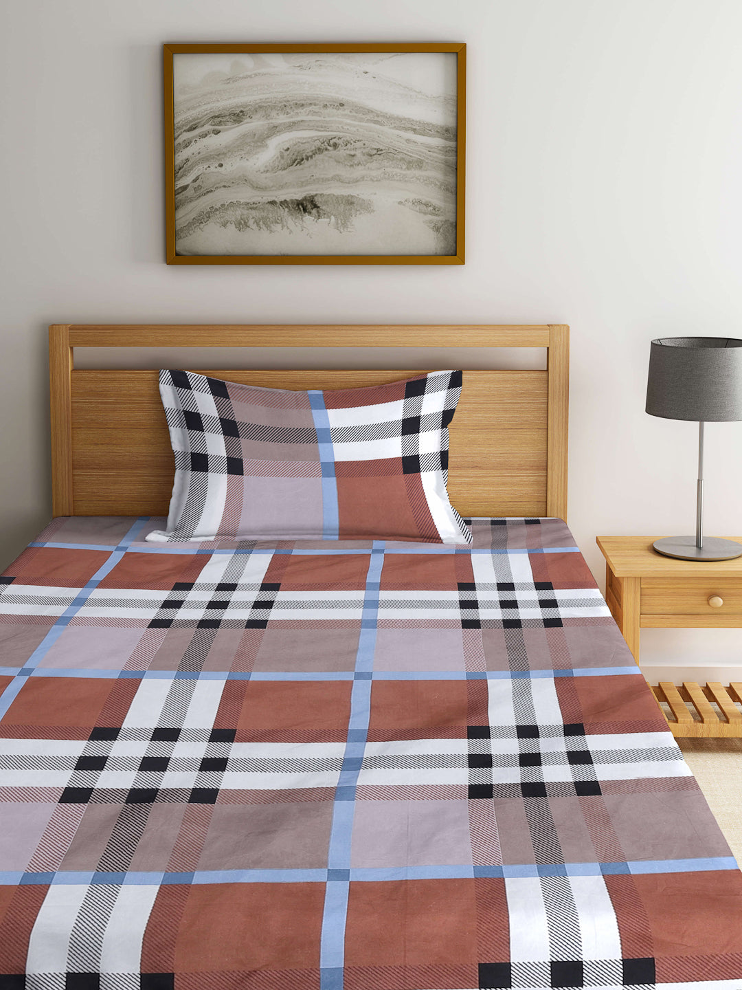 Arrabi Multi Checks TC Cotton Blend Single Size Bedsheet with 1 Pillow Cover (220 X 150 cm)