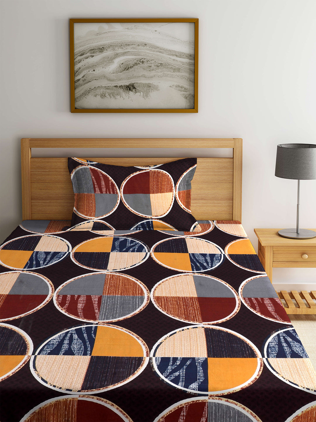 Arrabi Multi Geometric TC Cotton Blend Single Size Fitted Bedsheet with 1 Pillow Cover (220 X 150 cm)