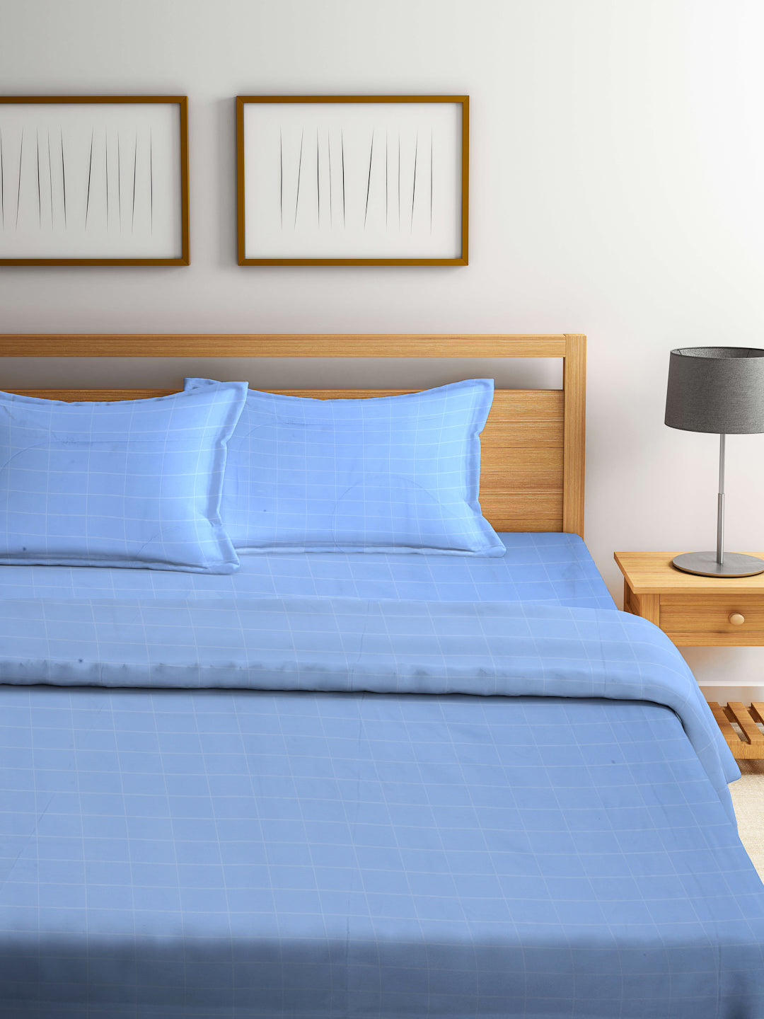 Arrabi Blue Check TC Cotton Blend Double Size Comforter Bedding Set with 2 Pillow Cover