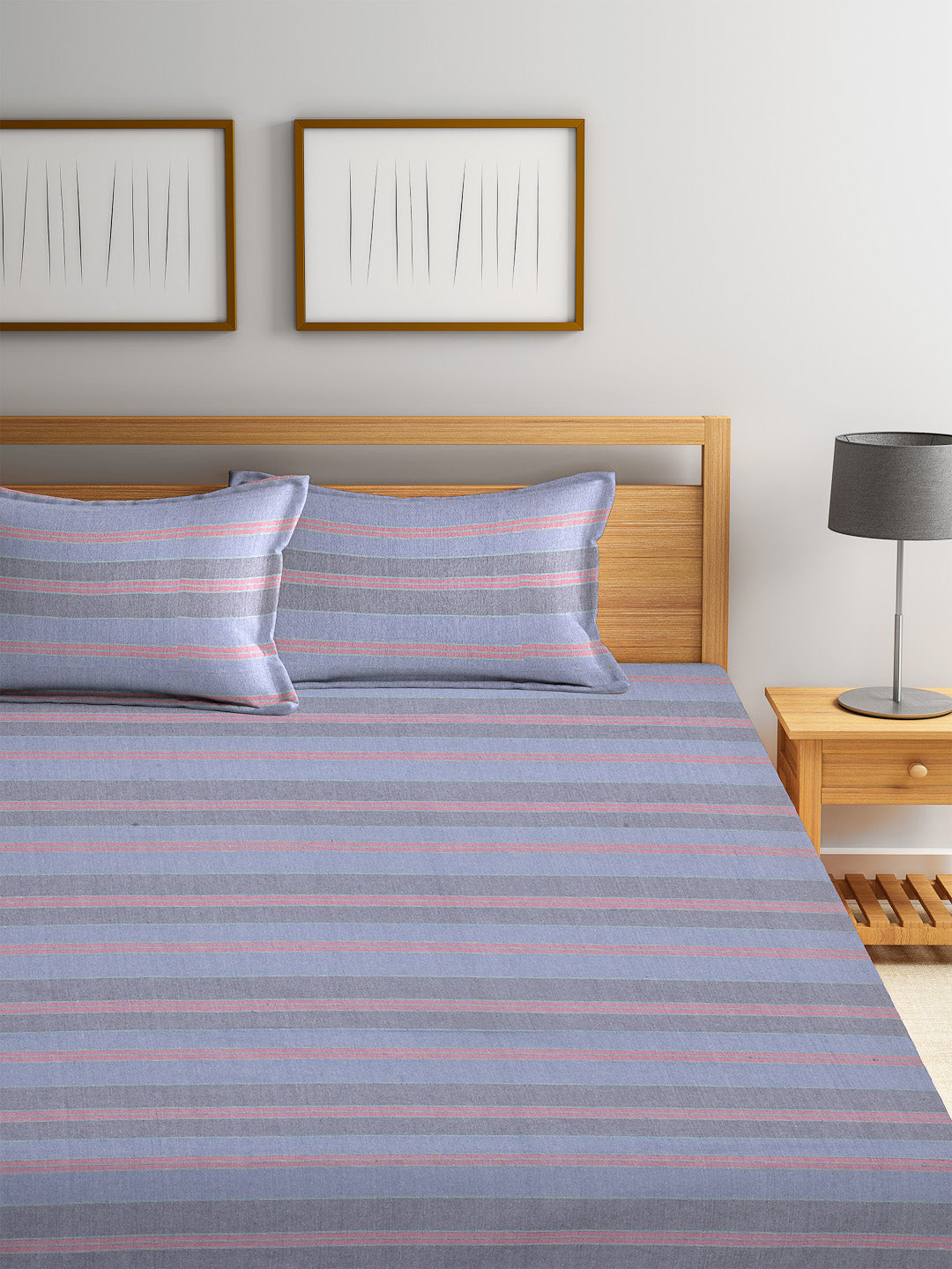 Arrabi Blue & Pink Striped Handwoven Cotton Double King Size Bedsheet with 2 Pillow Covers (260 x 260 cm)