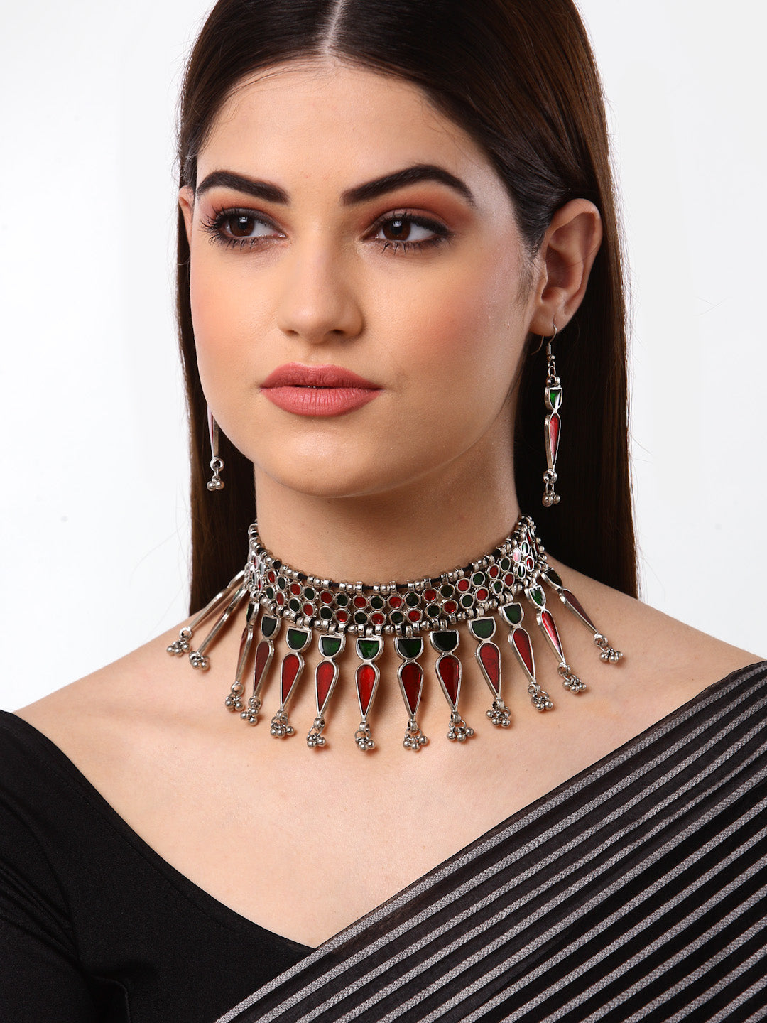 Arrabi Red Meenakari Jewellery Set with 2 Earrings (40 cm)