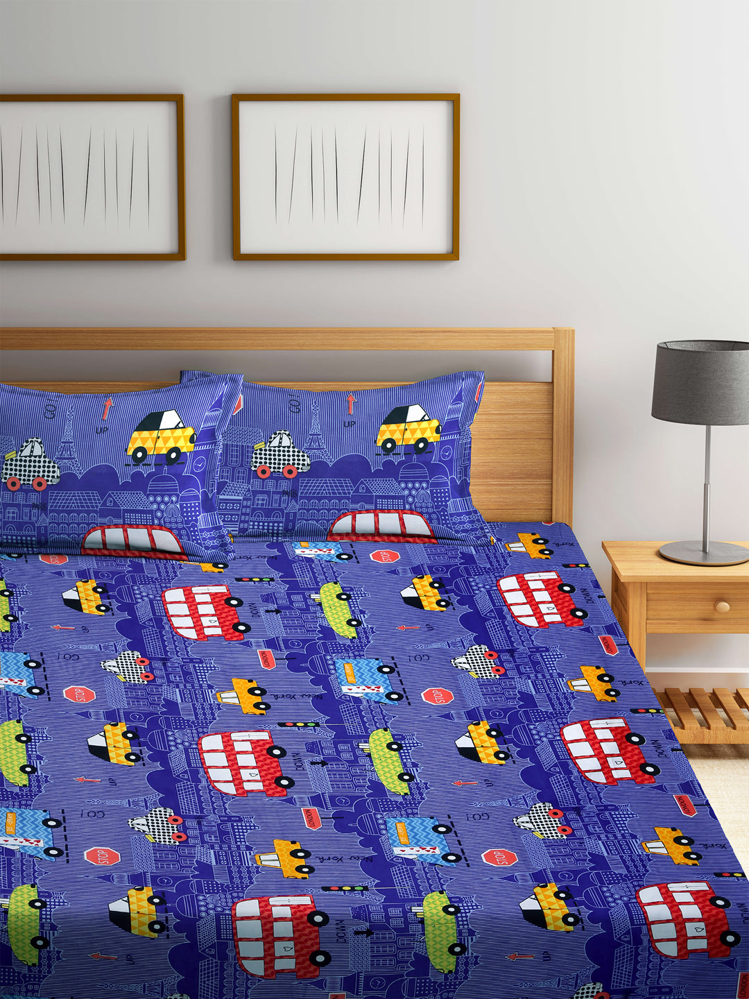 Arrabi Blue Cartoon TC Cotton Blend King Size Fitted Bedsheet with 2 Pillow Covers (250 X 220 Cm )