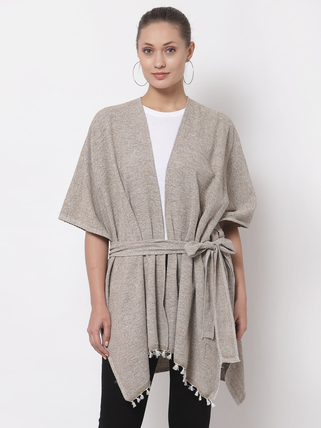 Arrabi Beige Solid Cotton Chenille Full Size Shrug with Belt (160 x 100 cm)