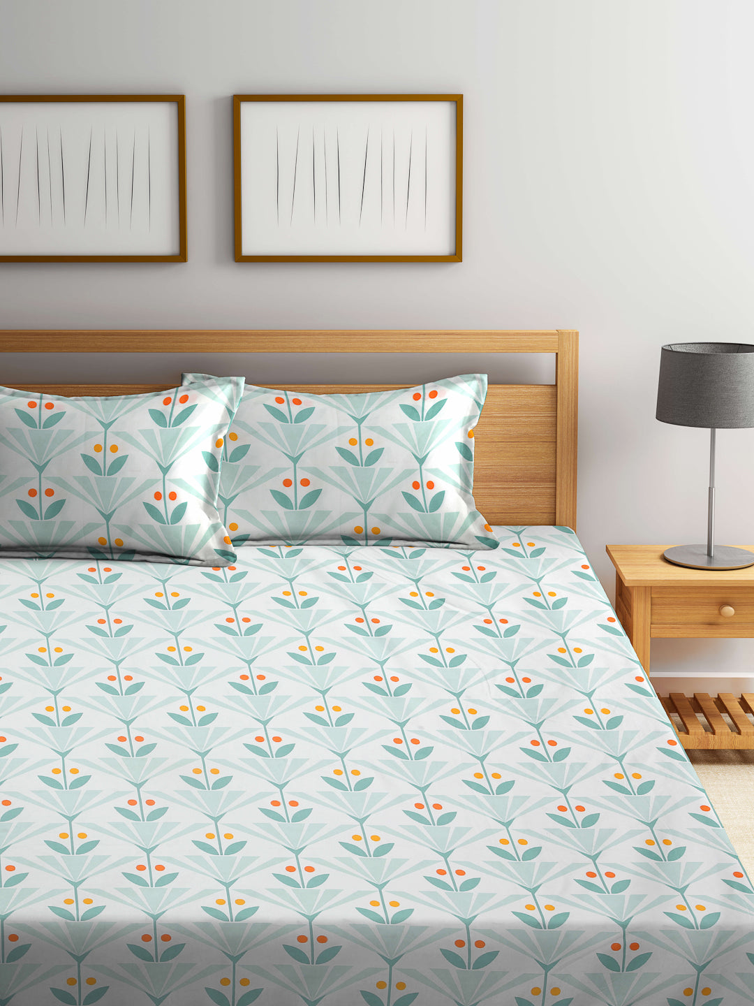 Arrabi Green Leaf TC Cotton Blend King Size Bedsheet with 2 Pillow Covers (250 X 215 cm)