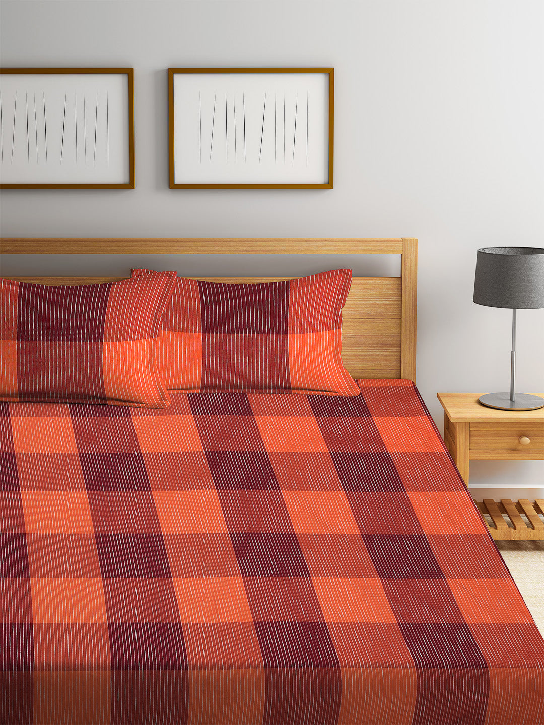 Arrabi Red Check Handwoven Cotton Double King Size Bedsheet with 2 Pillow Covers (260 x 260 cm)