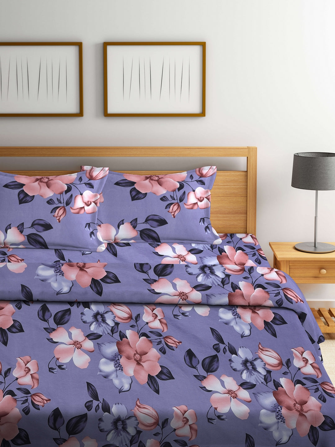 Arrabi Purple Floral TC Cotton Blend Double Size Comforter Bedding Set with 2 Pillow Cover