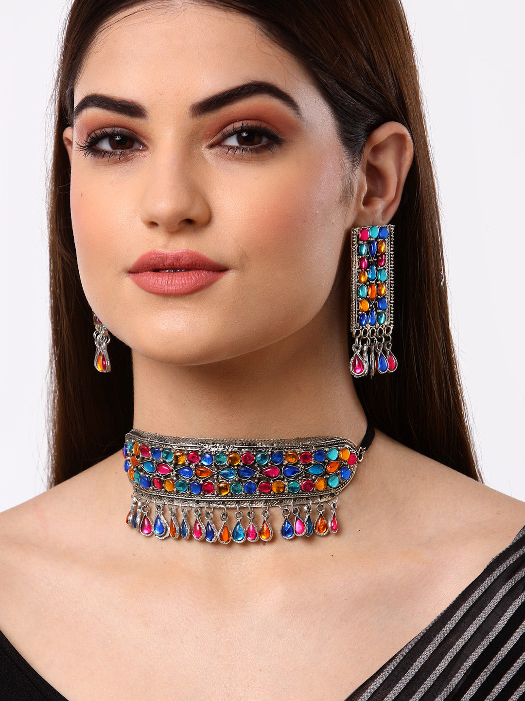 Arrabi Multi Oxidised Jewellery Set with 2 Earrings (40 cm)