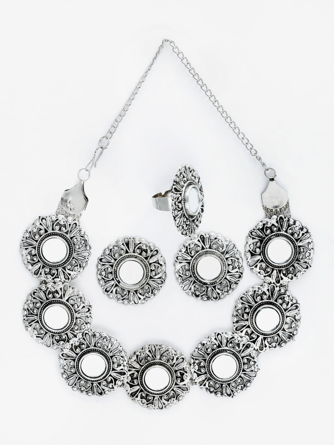 Arrabi Metallic Oxidised Jewellery Set with 2 Earrings and 1 Ring (40 cm)