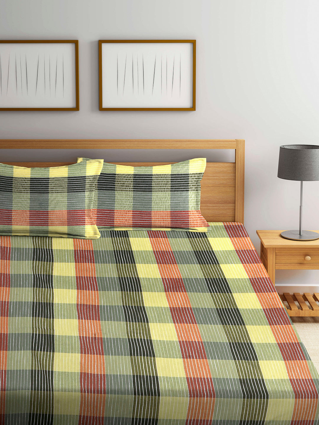 Arrabi Multi Checks Handwoven Cotton Super King Size Bedsheet with 2 Pillow Covers (270 X 270 cm)