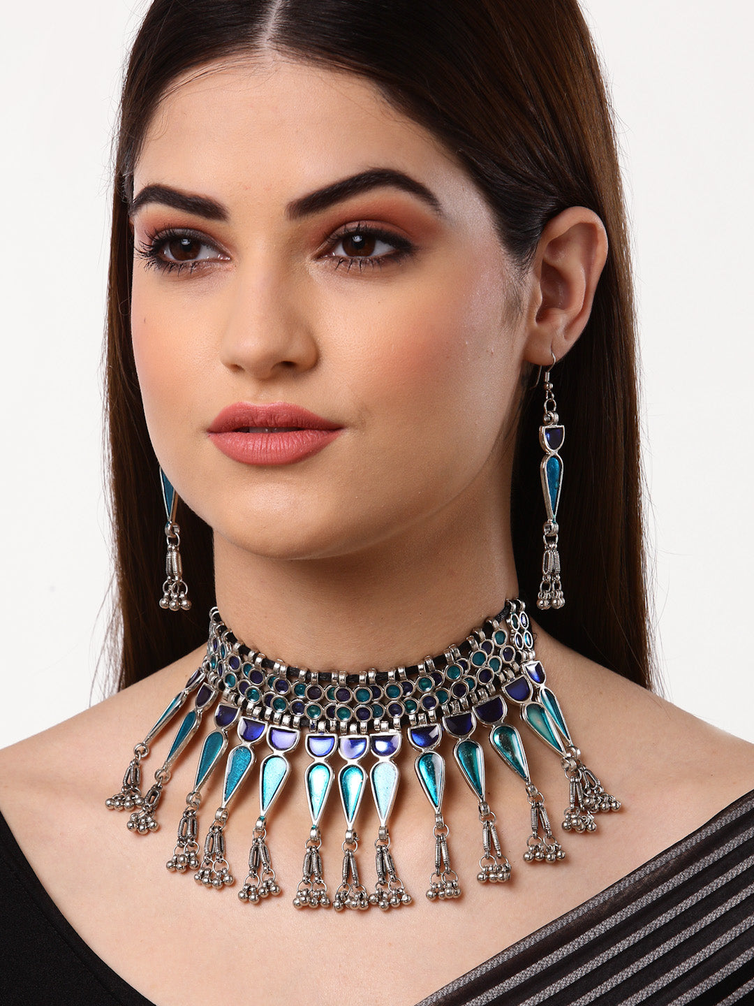 Arrabi Blue Meenakari Jewellery Set with 2 Earrings (40 cm)