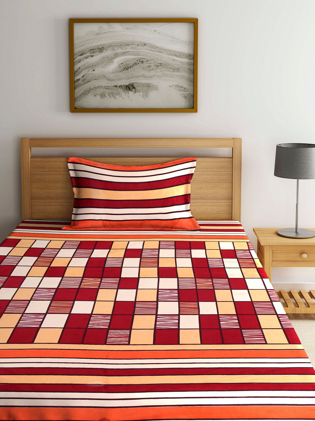 Arrabi Multi Geometric TC Cotton Blend Single Size Fitted Bedsheet with 1 Pillow Cover (220 X 150 cm)