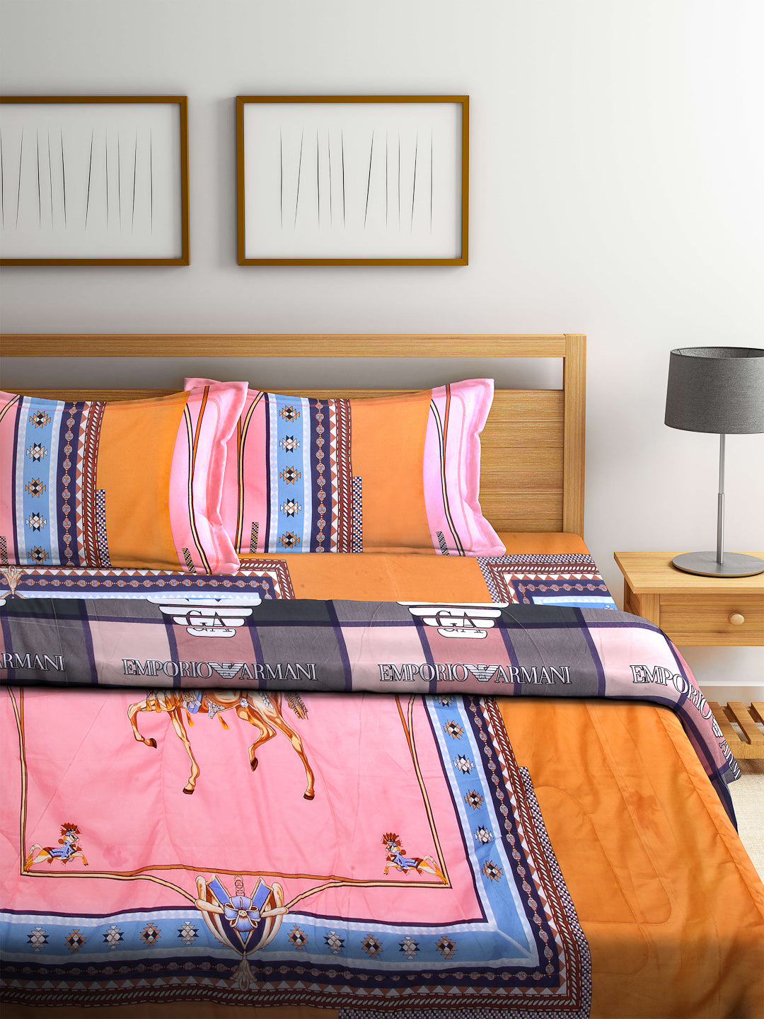 Arrabi Multi Horse Cotton Blend Double Size Comforter Bedding Set with 2 Pillow Cover (235 x 215 cm)