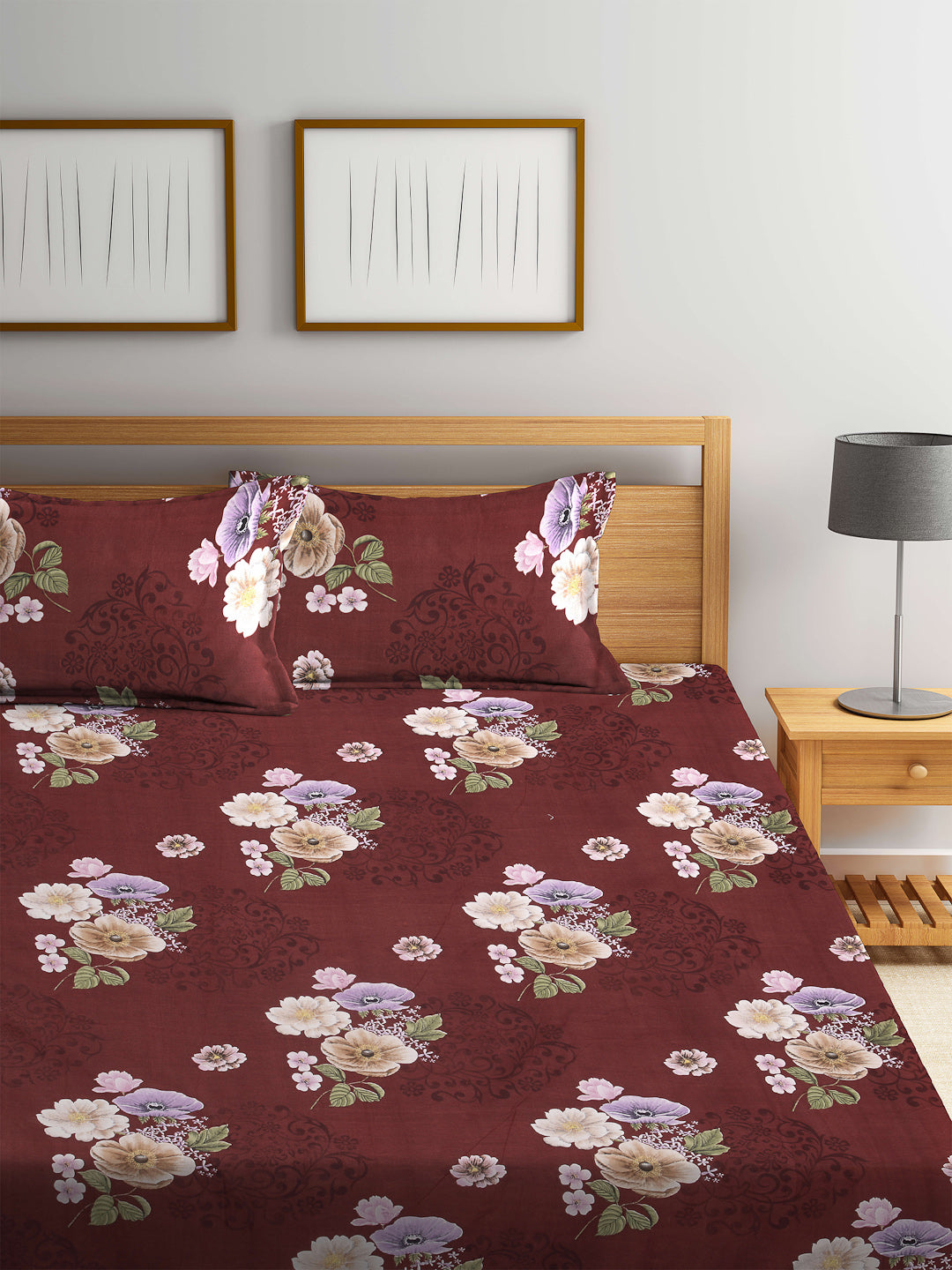 Arrabi Brown Floral TC Cotton Blend Double Size Fitted Bedsheet with 2 Pillow Covers (250 X 220 cm)