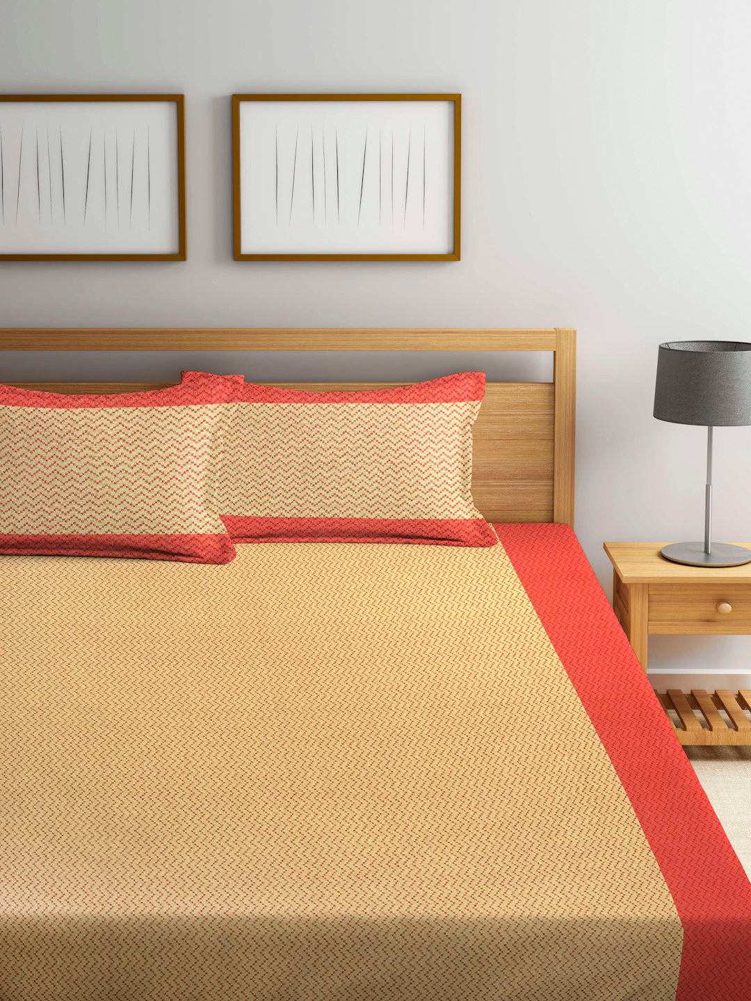 Arrabi Red Stripes Handwoven Cotton King Size Bedsheet with 2 Pillow Covers (260 X 230 cm)