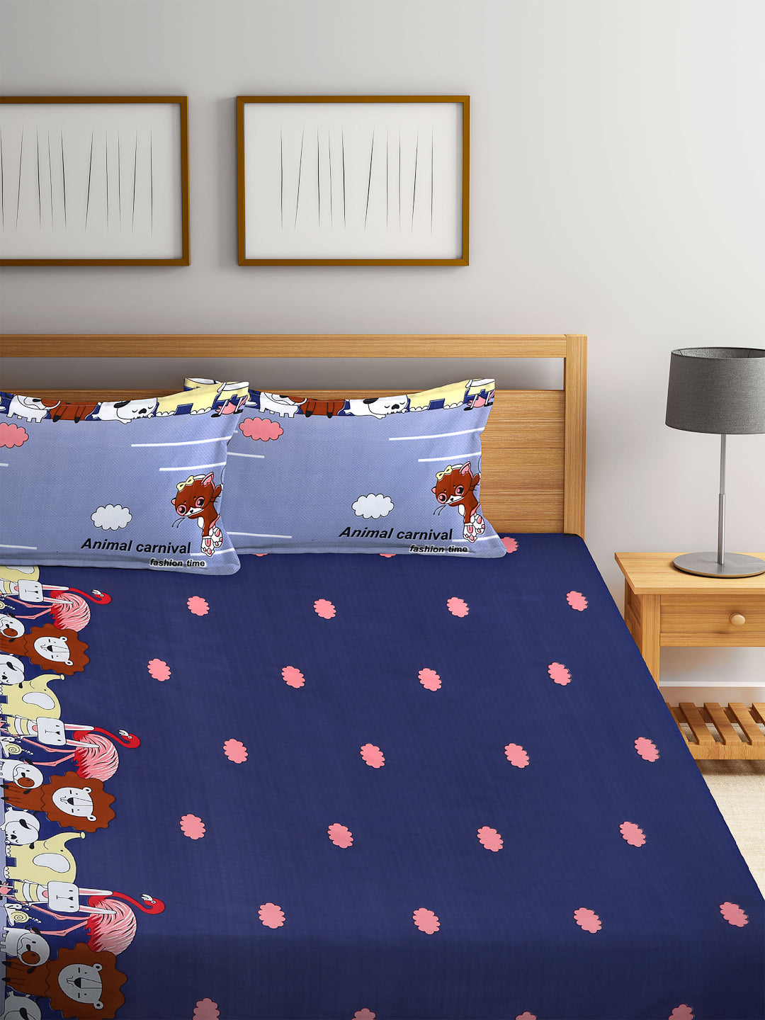 Arrabi Blue Cartoon TC Cotton Blend Double Size Fitted Bedsheet with 2 Pillow Covers (250 X 220 cm)