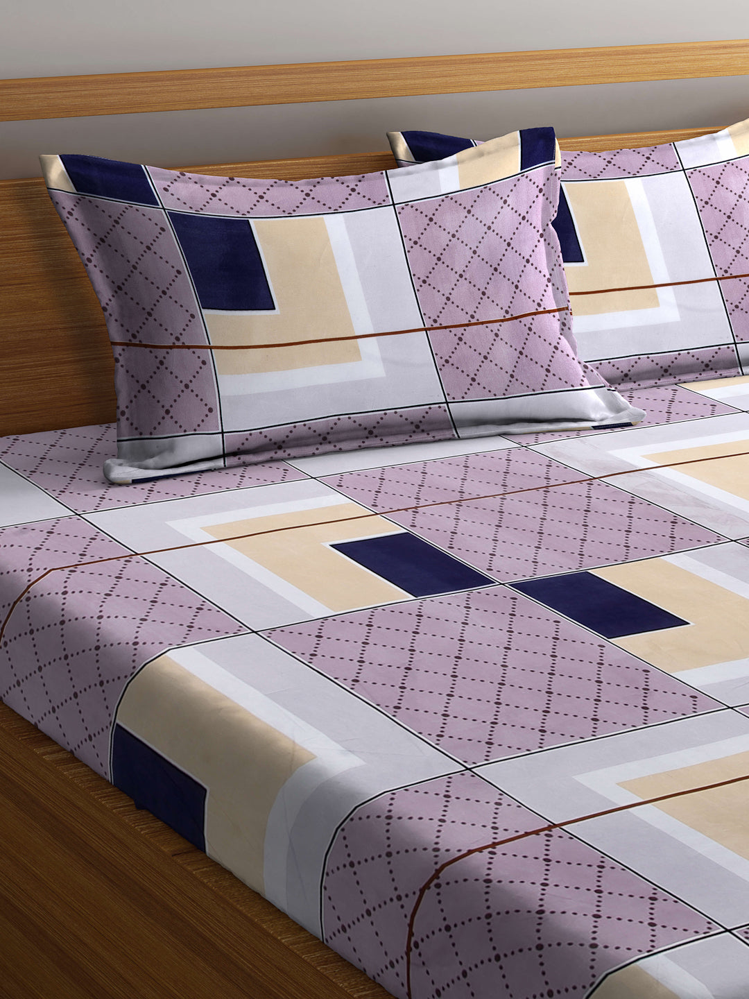 Arrabi Multi Geometric TC Cotton Blend King Size Fitted Bedsheet with 2 Pillow Covers (250 X 215 Cm )