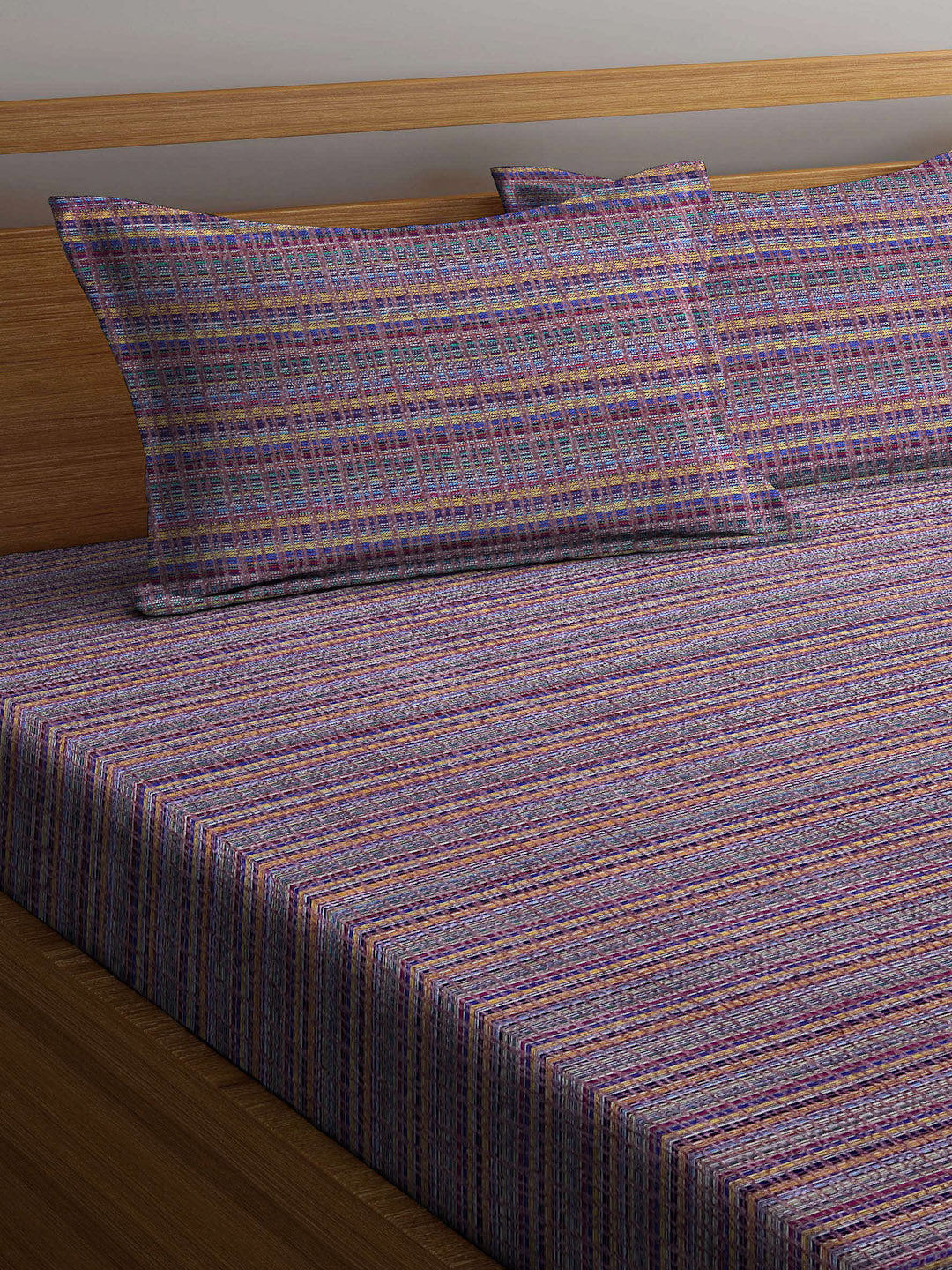 Arrabi Multi Stripes Handwoven Cotton King Size Bedsheet with 2 Pillow Covers (260 X 230 cm)