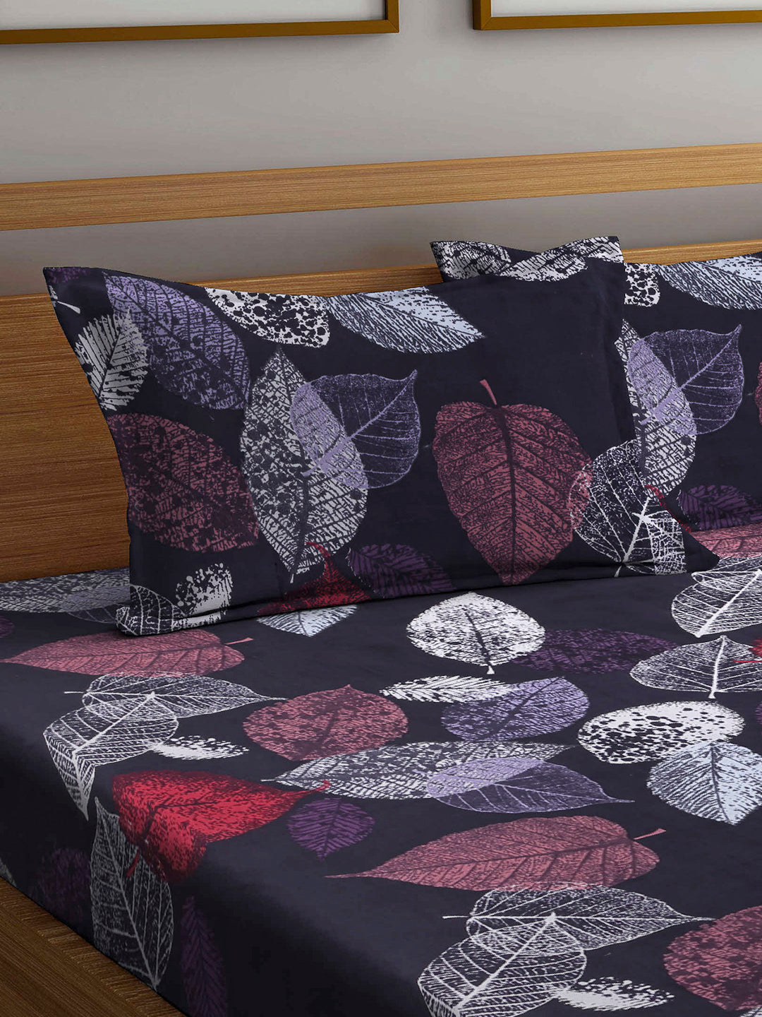 Arrabi Black Leaf TC Cotton Blend Double Size Fitted Bedsheet with 2 Pillow Covers (250 X 220 cm)