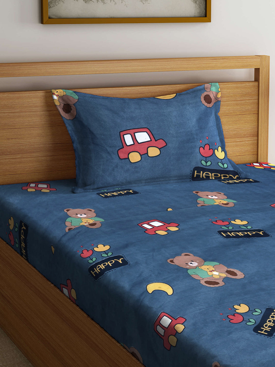 Arrabi Blue Cartoon TC Cotton Blend Single Size Fitted Bedsheet with 1 Pillow Cover (220 X 150 cm)