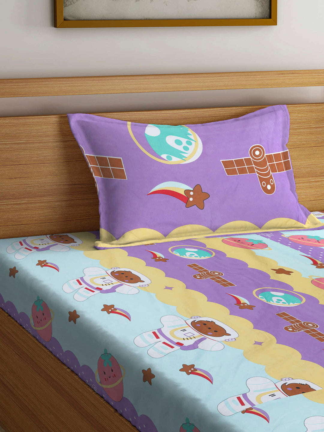 Arrabi Multi Cartoon TC Cotton Blend Single Size Bedsheet with 1 Pillow Cover (220 X 150 cm)