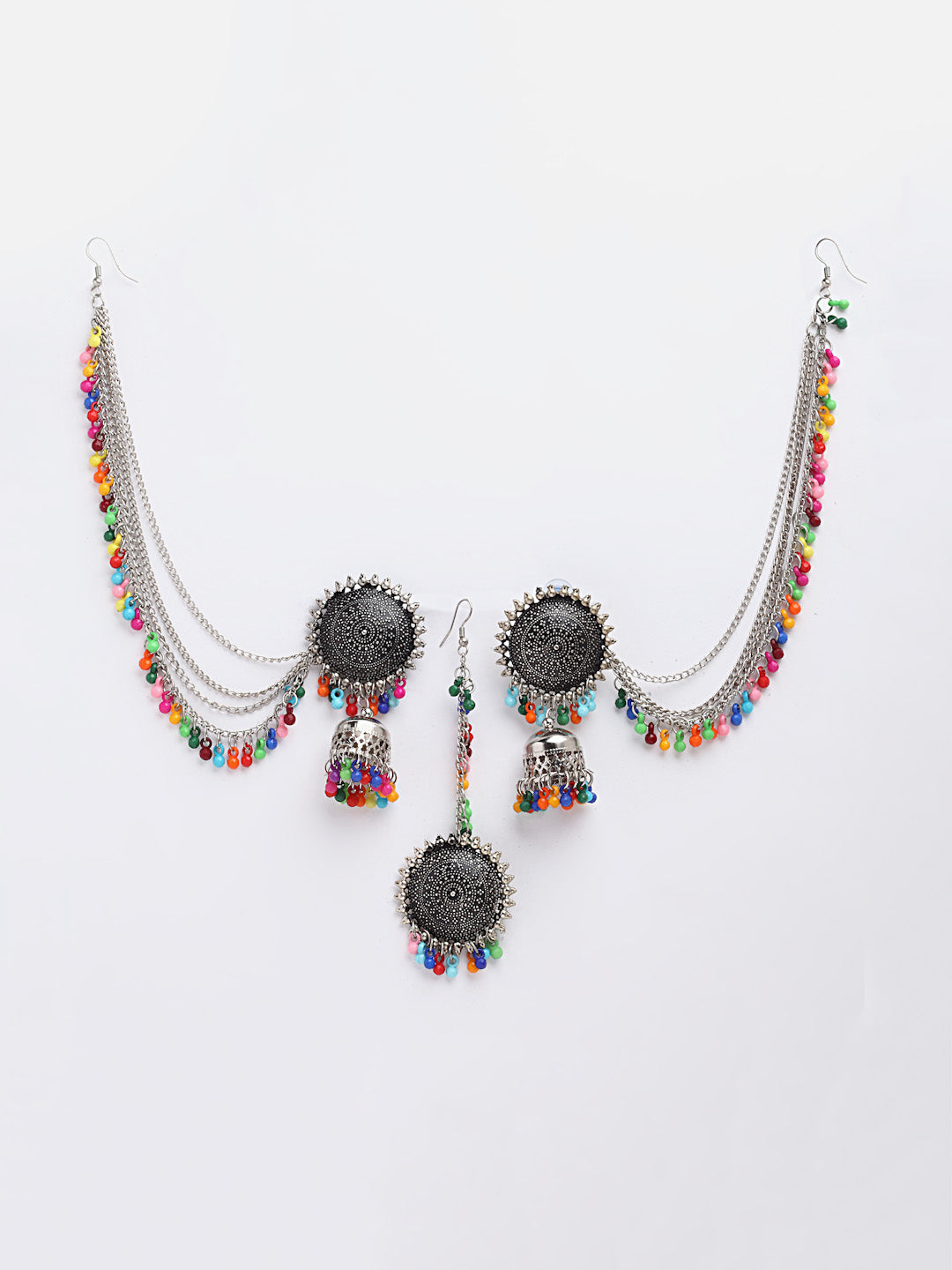 Arrabi Metallic Oxidised Kundan Studded Maang Tika & Earrings Set (17 cm)