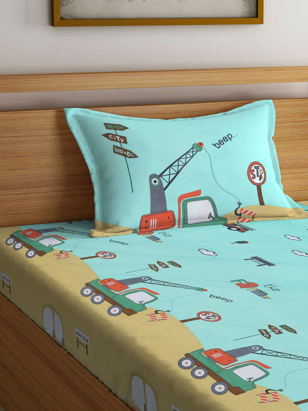 Arrabi Green Cartoon TC Cotton Blend Single Size Bedsheet with 1 Pillow Cover (220 X 150 cm)