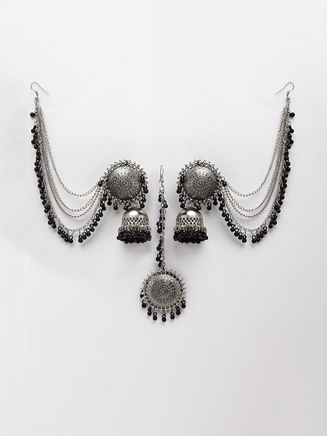 Arrabi Metallic Oxidised Kundan Studded Maang Tika & Earrings Set (17 cm)