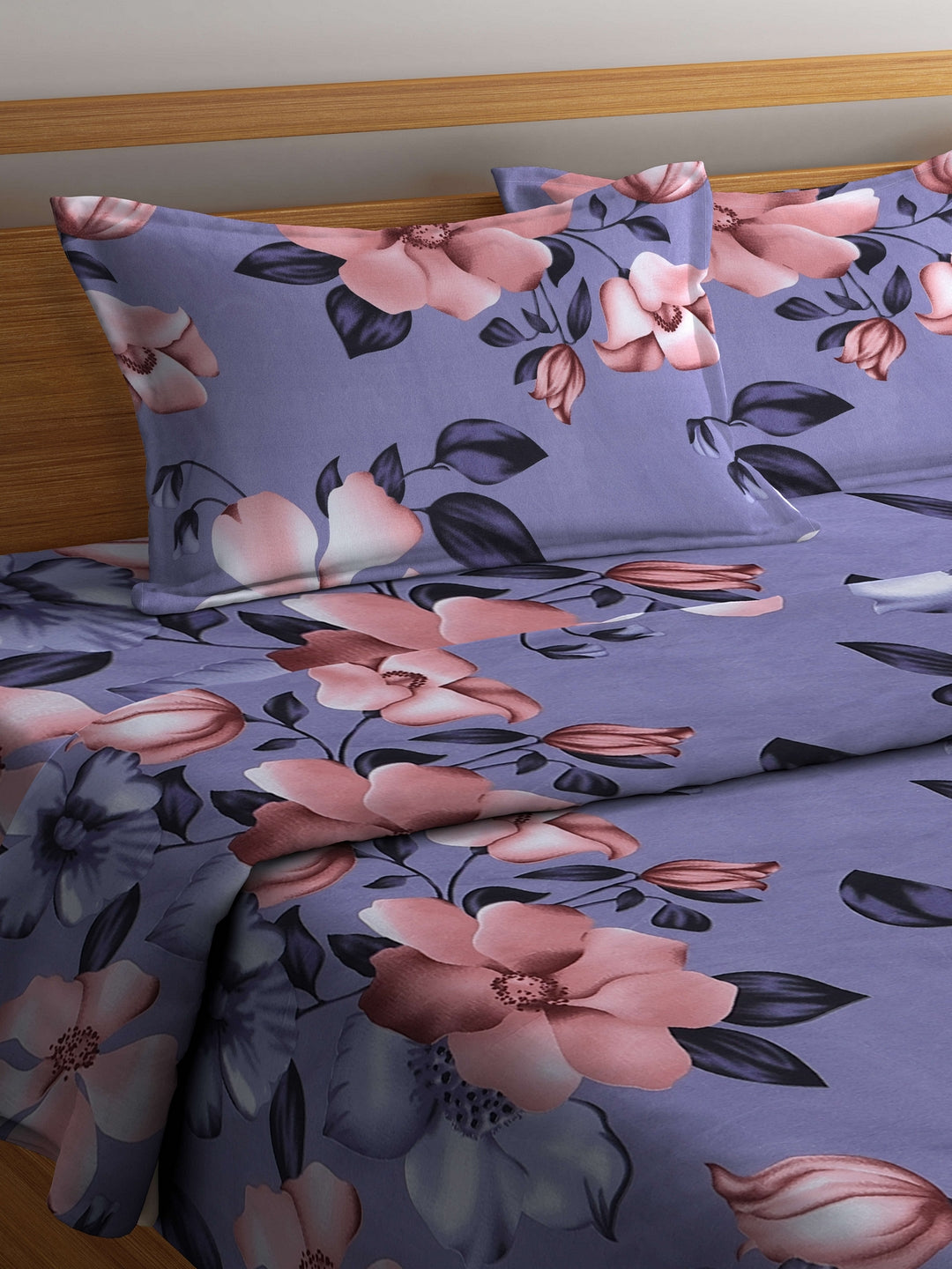 Arrabi Purple Floral TC Cotton Blend Double Size Comforter Bedding Set with 2 Pillow Cover