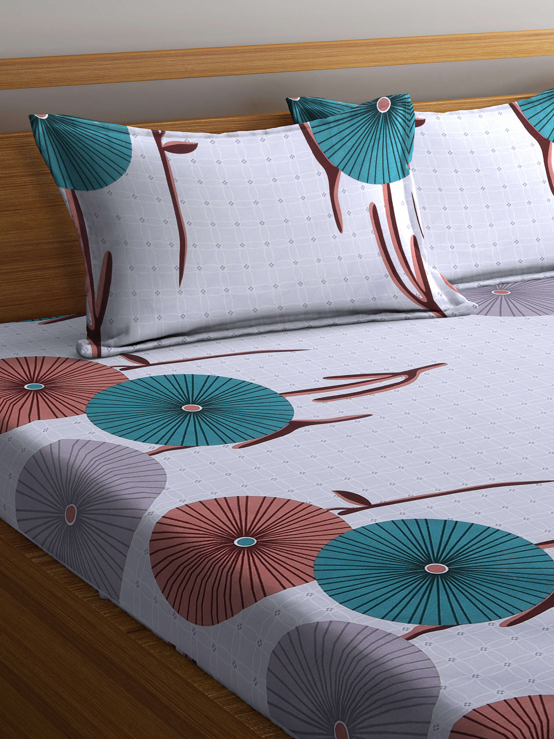 Arrabi Grey Floral TC Cotton Blend King Size Bedsheet with 2 Pillow Covers (250 X 220 cm)