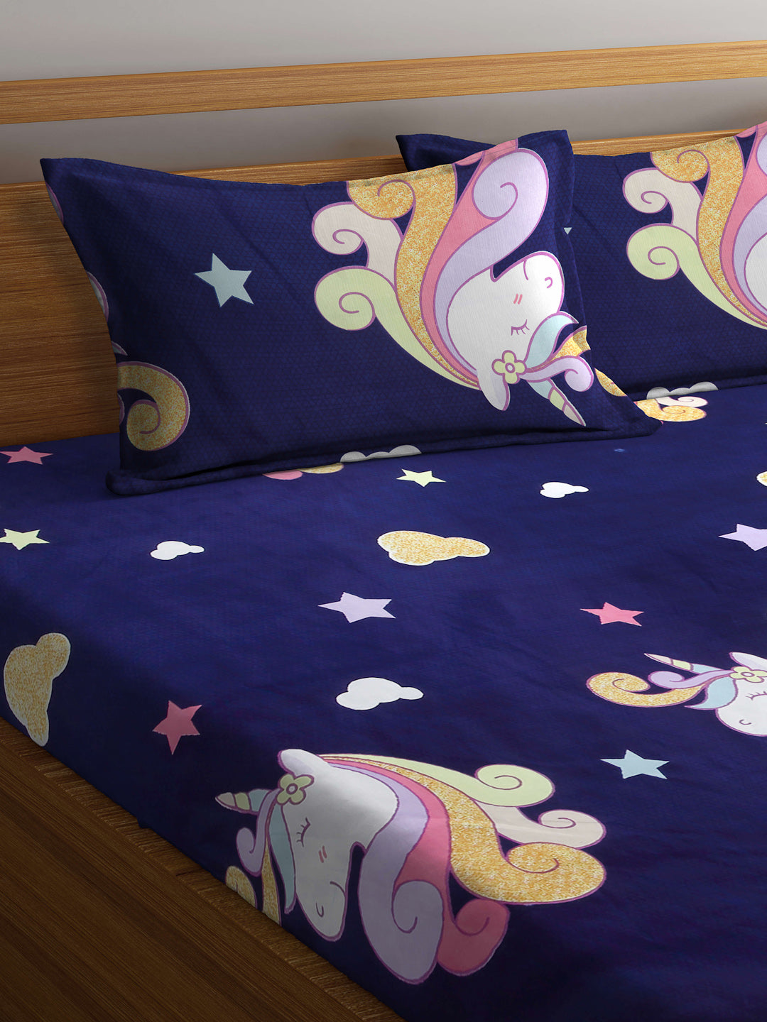 Arrabi Blue Cartoon TC Cotton Blend King Size Bedsheet with 2 Pillow Covers (250 X 220 cm)