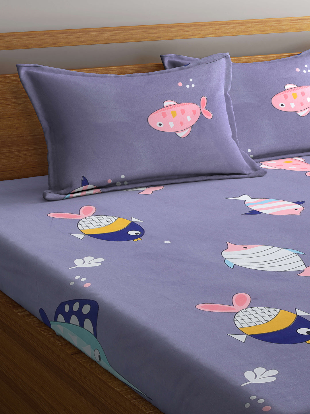 Arrabi Grey Cartoon TC Cotton Blend Double Size Bedsheet with 2 Pillow Covers (250 x 215 cm)