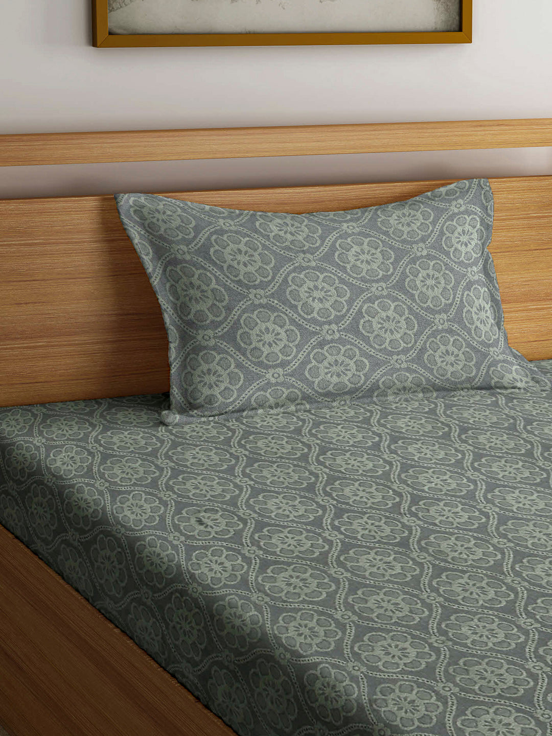 Arrabi Grey Floral Handwoven Cotton Single Size Bedsheet with 1 Pillow Cover (230 X 150 cm)