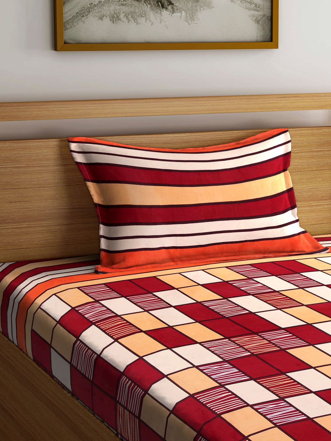 Arrabi Multi Geometric TC Cotton Blend Single Size Fitted Bedsheet with 1 Pillow Cover (220 X 150 cm)