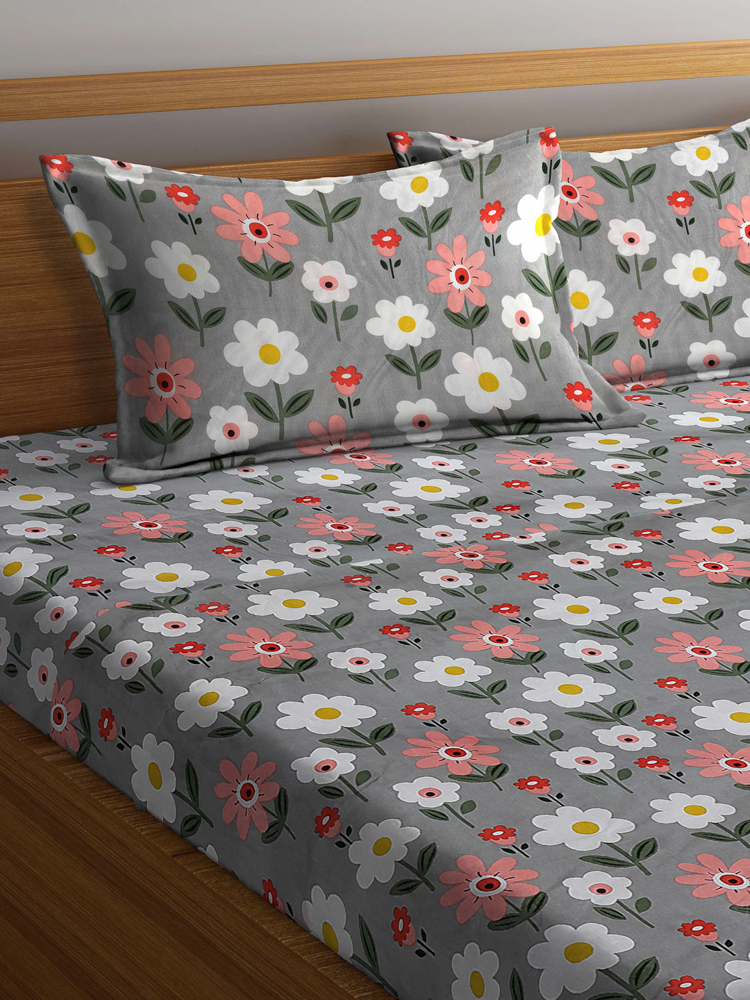 Arrabi Grey Floral TC Cotton Blend King Size Bedsheet with 2 Pillow Covers (250 X 215 cm)