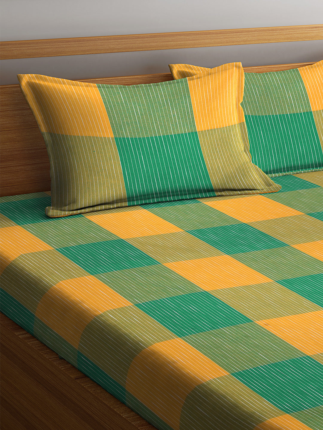 Arrabi Green & Yellow Check Handwoven Cotton Double King Size Bedsheet with 2 Pillow Covers (260 x 255 cm)