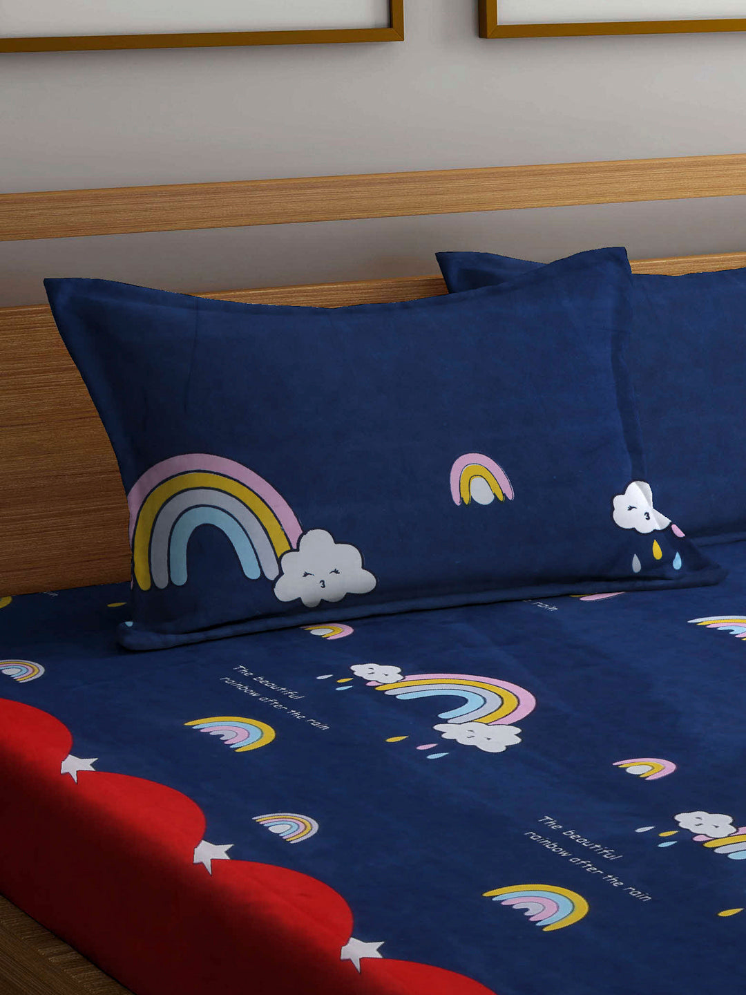 Arrabi Blue Cartoon TC Cotton Blend Double Size Bedsheet with 2 Pillow Cover