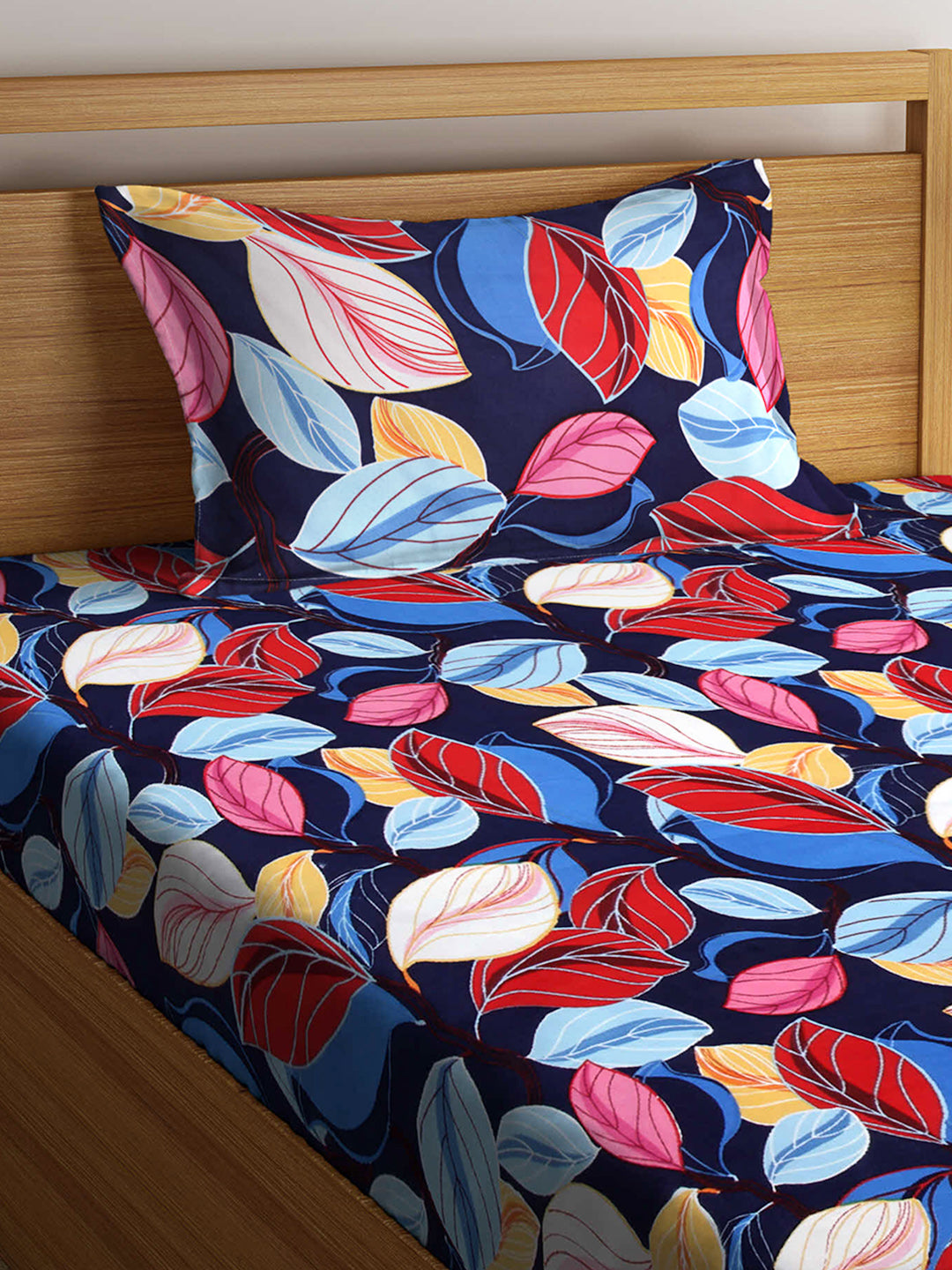 Arrabi Blue Leaf TC Cotton Blend Single Size Fitted Bedsheet with 1 Pillow Cover (220 X 150 cm)
