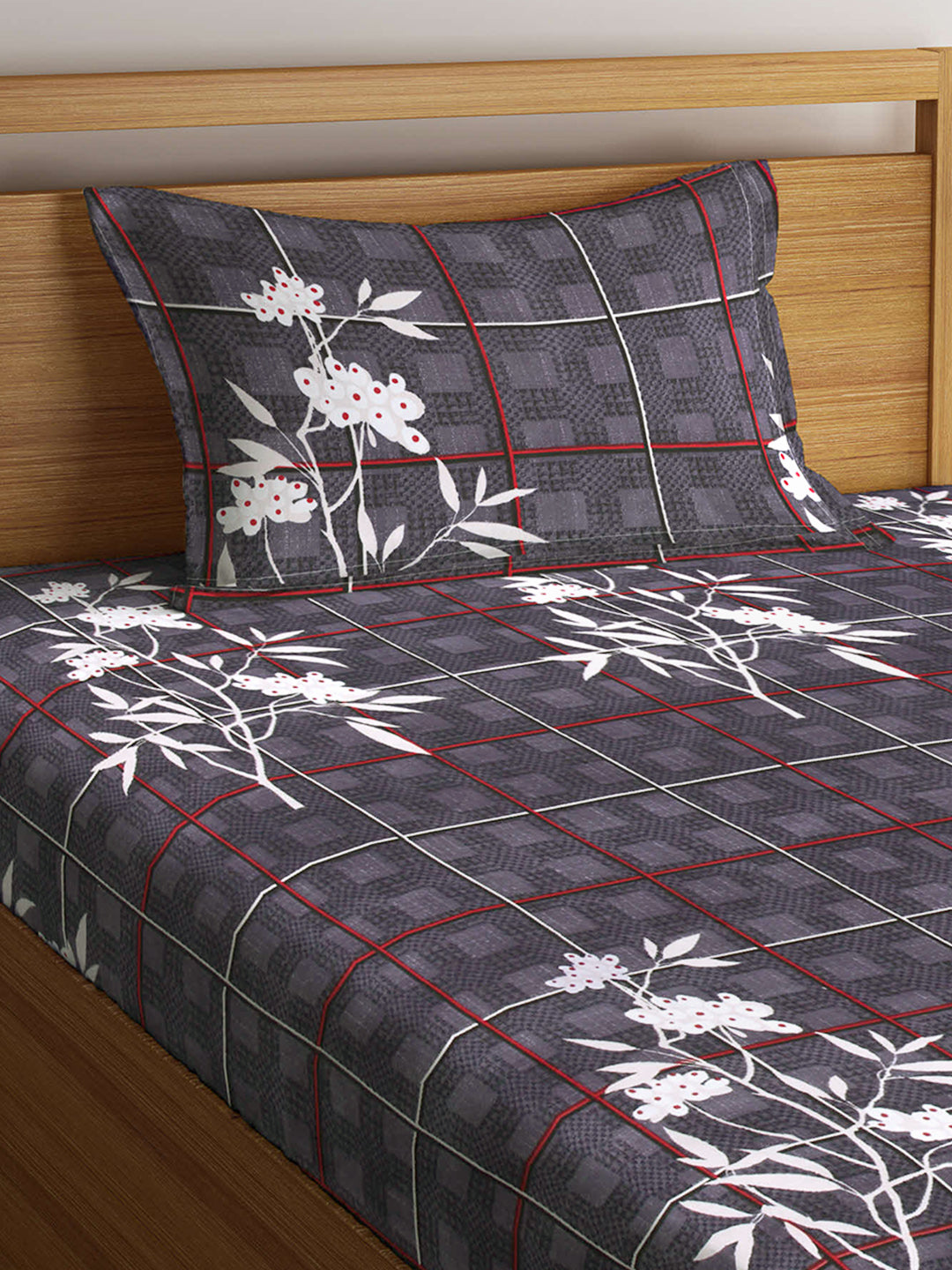 Arrabi Grey Floral TC Cotton Blend Single Size Fitted Bedsheet with 1 Pillow Cover (220 X 150 cm)