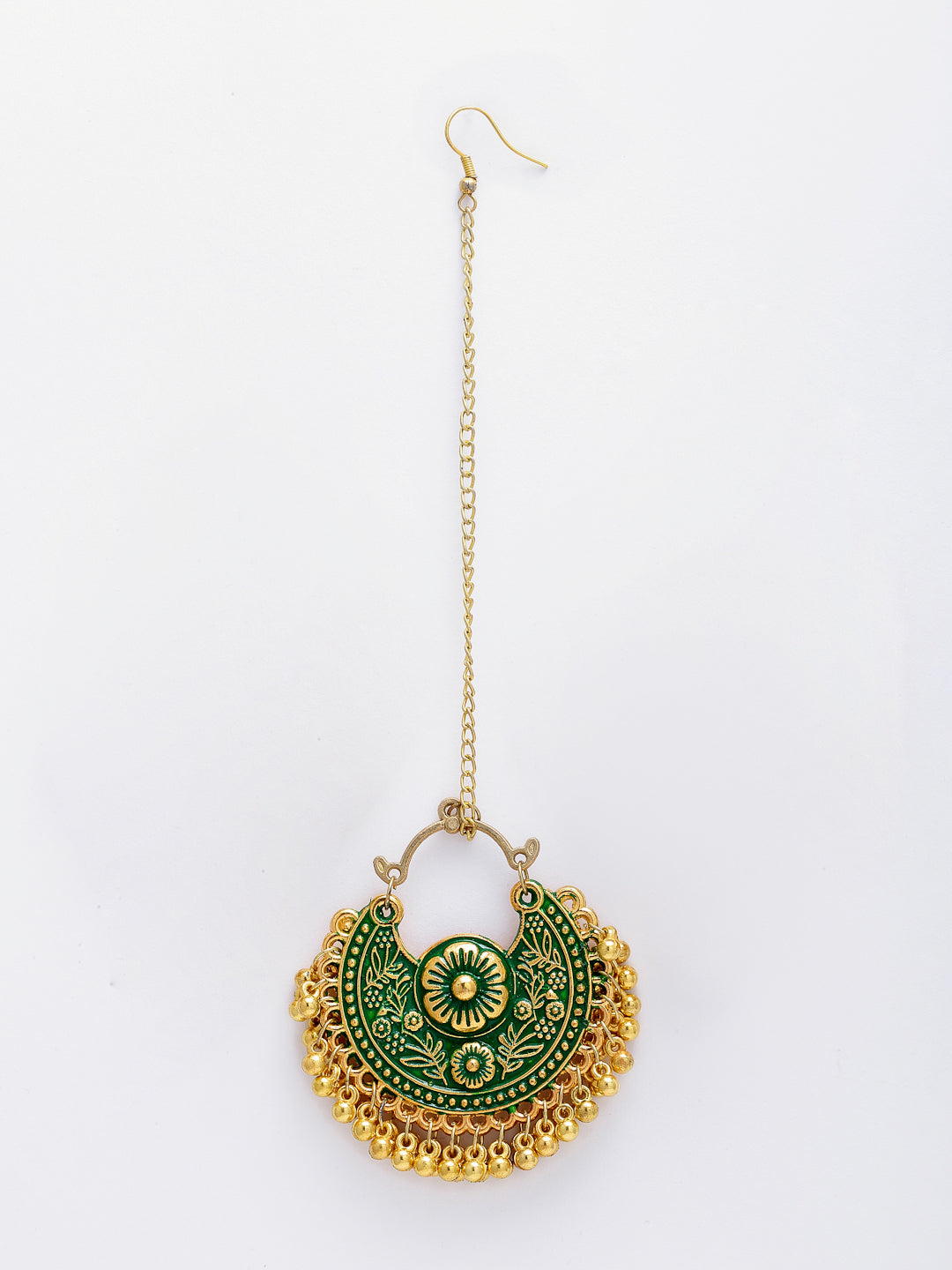 Arrabi Green Oxidised Kundan Studded Maang Tika & Earrings Set (17 cm)