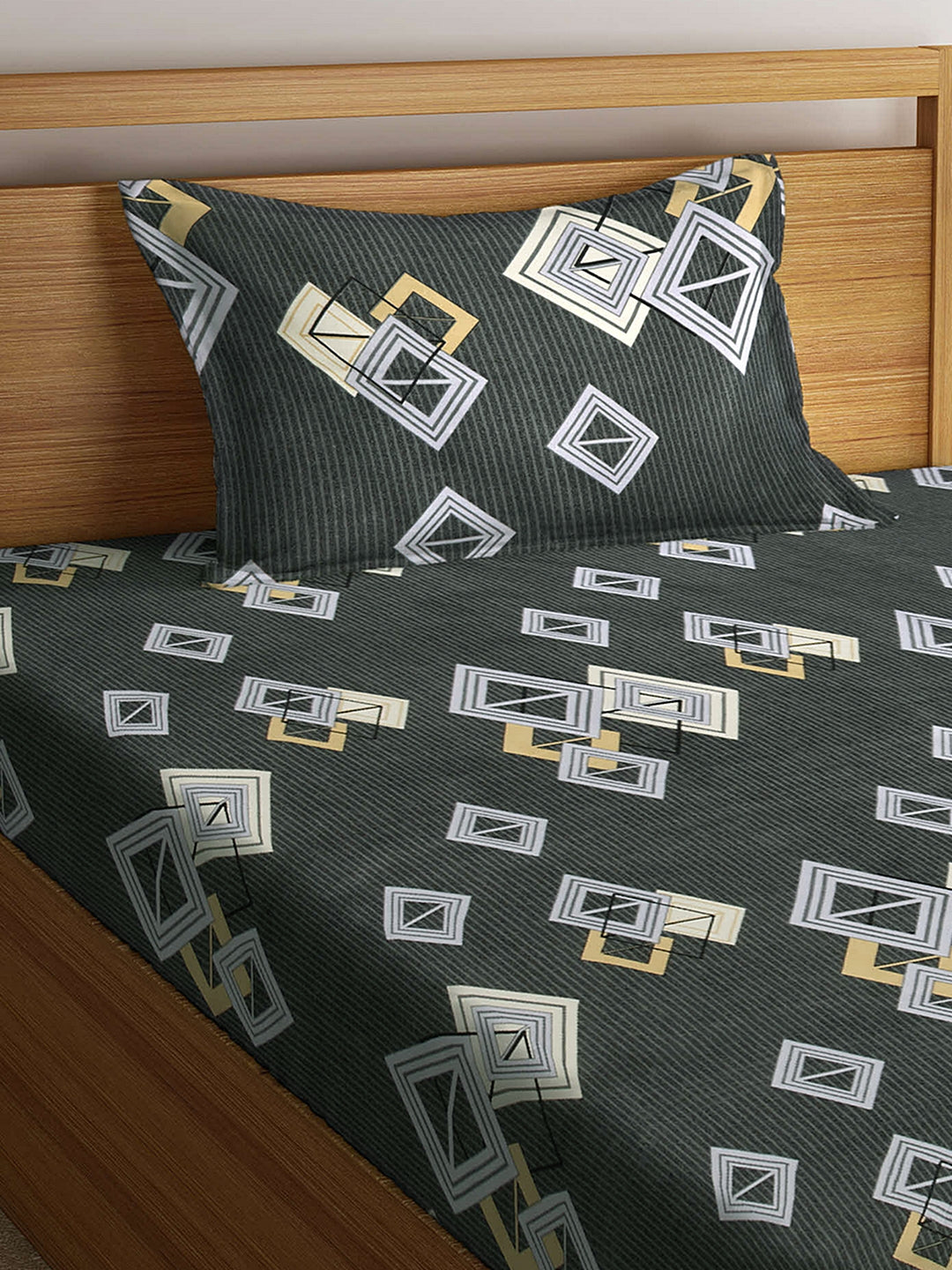 Arrabi Grey Geometric TC Polycotton Single Size Bedsheet with 1 Pillow Cover (225 x 150 cm)