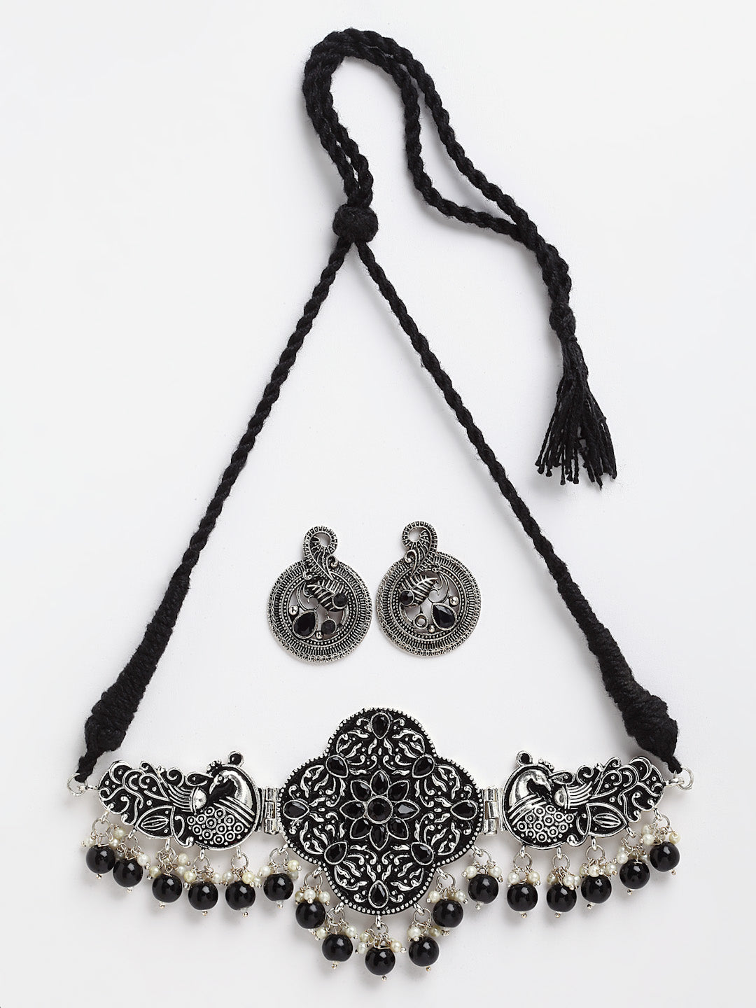 Arrabi Metallic Oxidised Jewellery Set with 2 Earrings (40 cm)