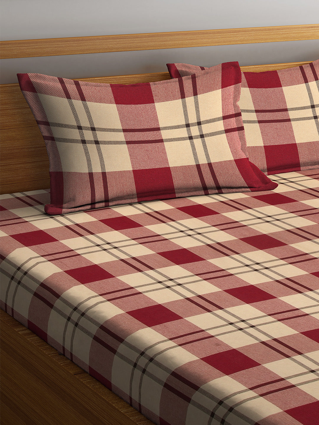 Arrabi Red & Cream Check Handwoven Cotton Double King Size Bedsheet with 2 Pillow Covers (270 x 270 cm)