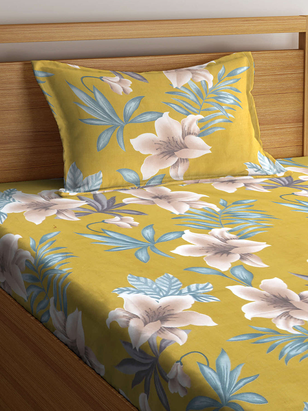 Arrabi Green Floral TC Cotton Blend Single Size Fitted Bedsheet with 1 Pillow Cover (220 X 150 cm)