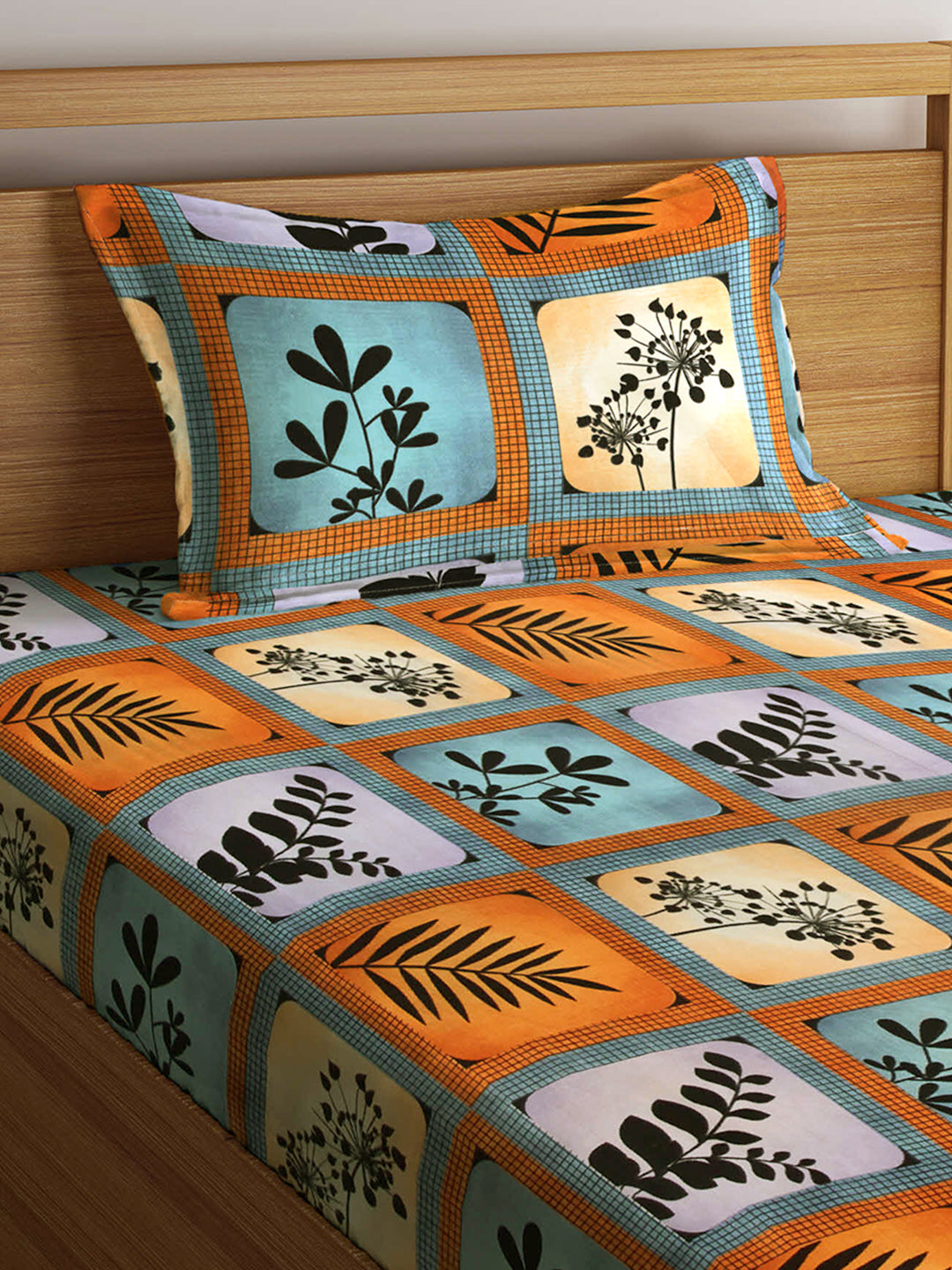 Arrabi Multi Floral TC Cotton Blend Single Size Fitted Bedsheet with 1 Pillow Cover (220 X 150 cm)