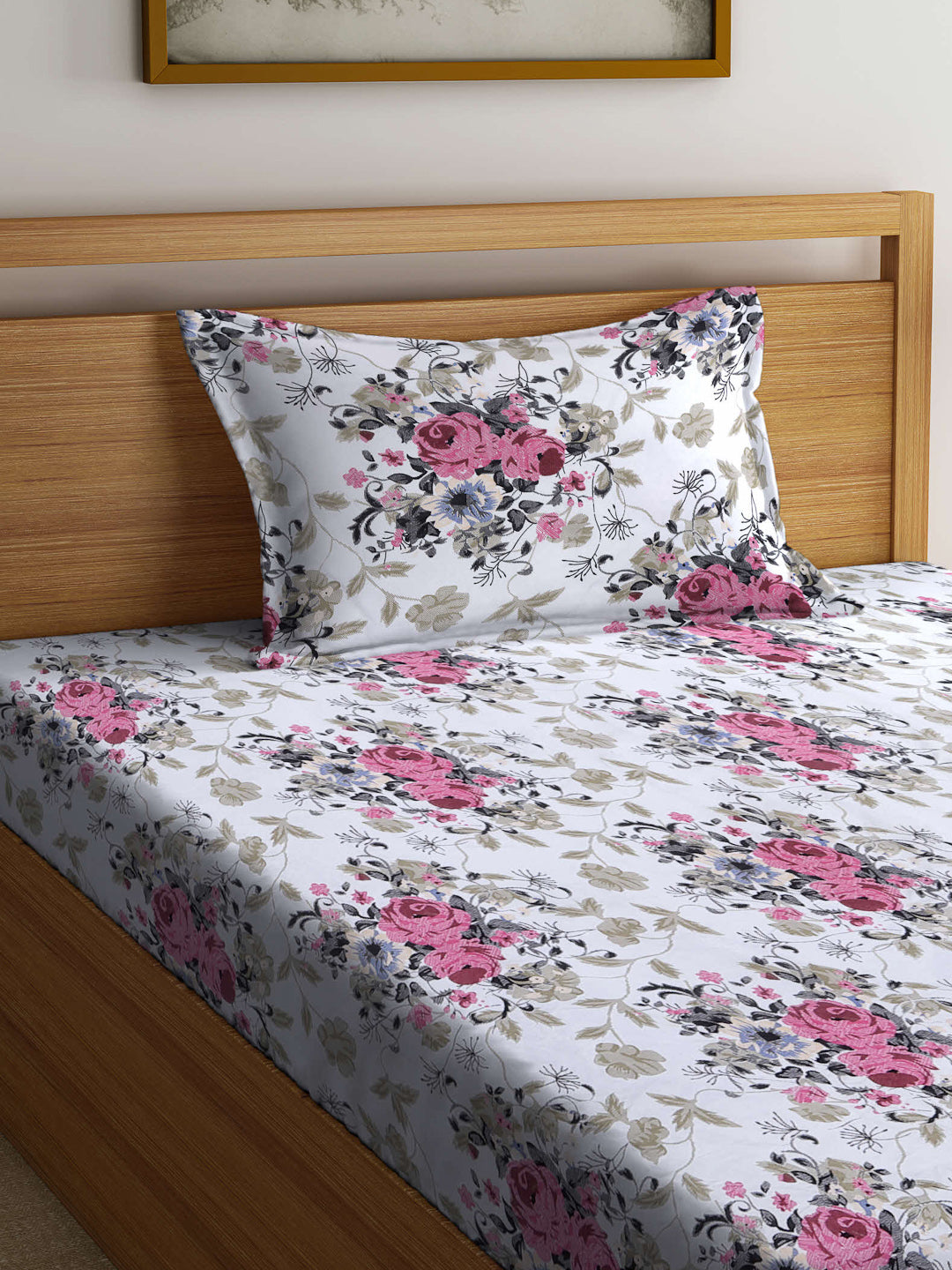 Arrabi White Floral TC Cotton Blend Single Size Fitted Bedsheet with 1 Pillow Cover (220 X 150 cm)