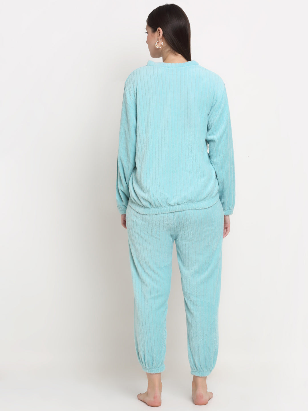 Arrabi Women Turquoise Wool Blend Stripes Winter Night Suit