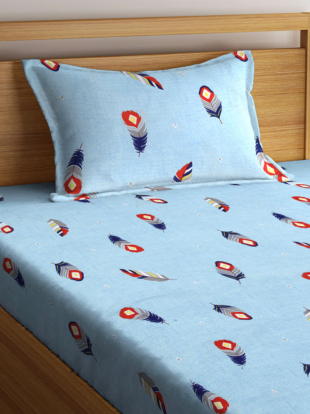Arrabi Blue Graphic TC Cotton Blend Single Size Fitted Bedsheet with 1 Pillow Cover (220 X 150 cm)