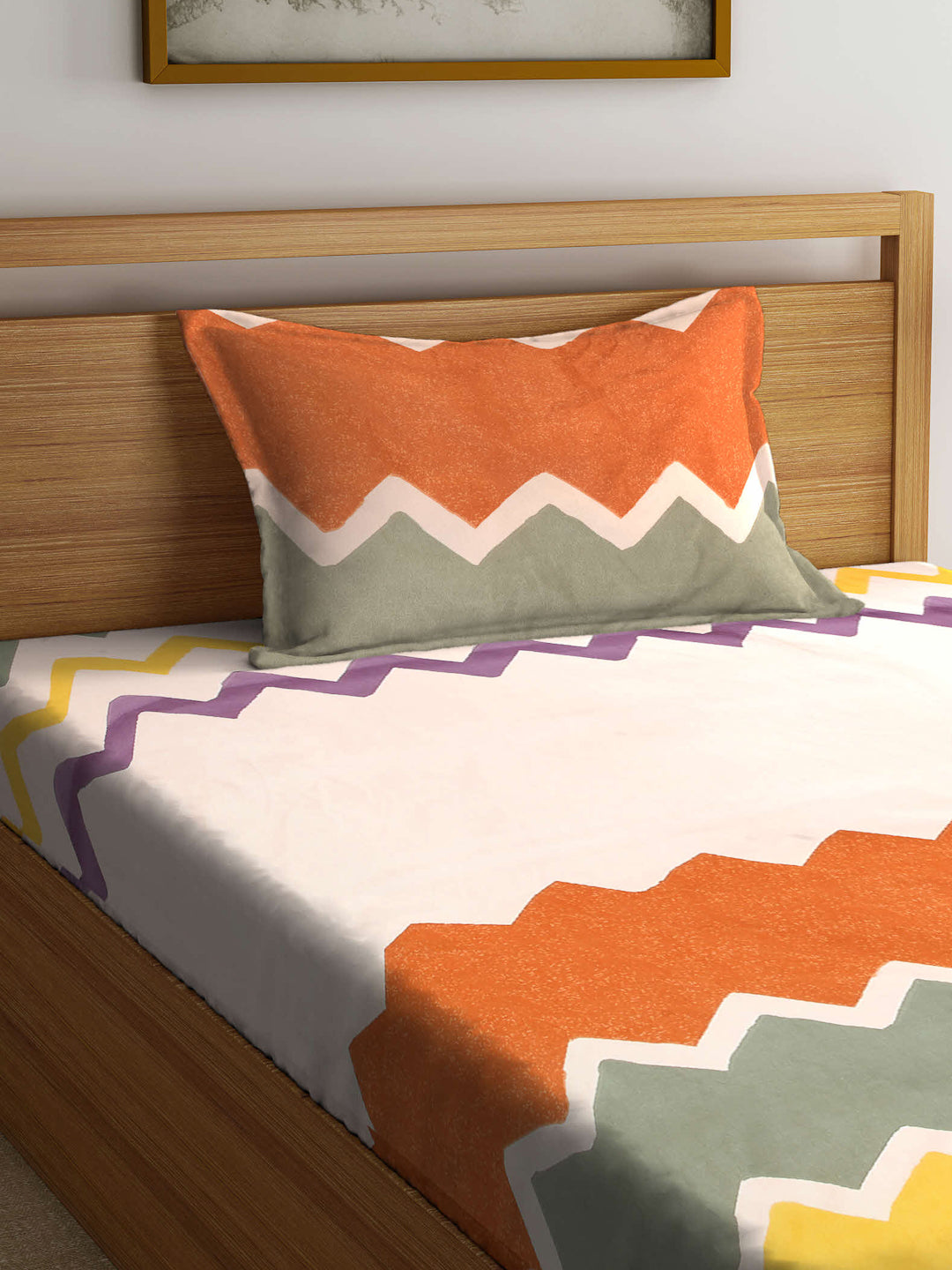 Arrabi Brown Geometric TC Cotton Blend Single Size Fitted Bedsheet with 1 Pillow Cover (220 X 150 cm)
